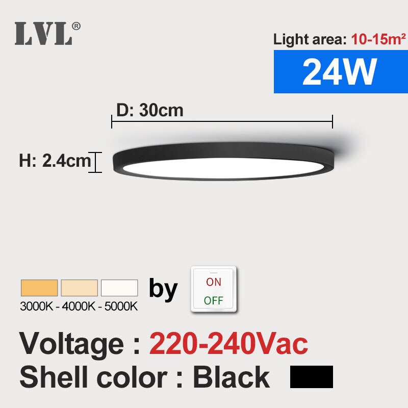 Førte ultra tyndt panel lys sort hvid skal 18w 24w 32w justerbar belysningsfarve til køkken soveværelse badeværelse panel lampe: 24w- sort skal