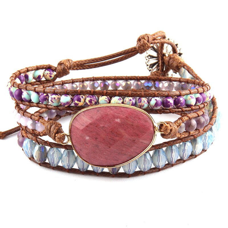 RH perlé brassard vert/violet pierres naturelles charme 3 brins en cuir Bracelets d'enveloppement directe: pic