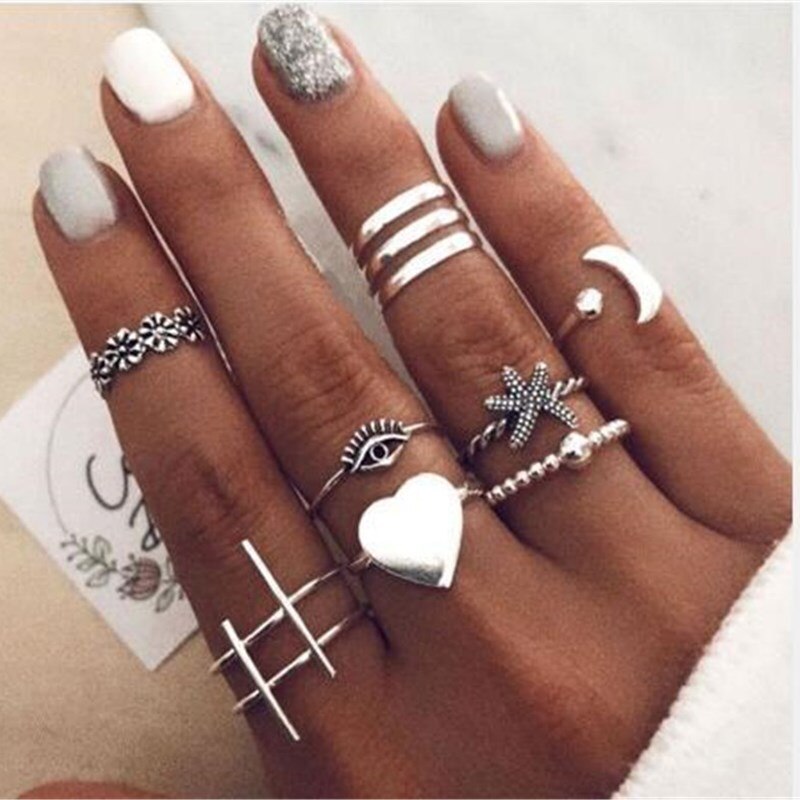 Damski złoty pierścionek dla kobiet retro zestaw biżuterii pierścionki na falanga geometryczna moda randki fantazyjny prezent hurtownia zestaw pierścieni ślubnych: Silver01