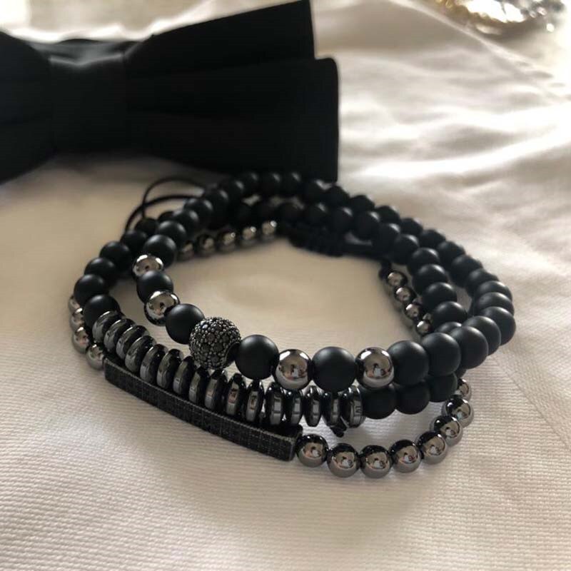 noir CZ hommes Bracelet Homme Bracelet ensemble breloque classique pierre naturelle cuivre boule perlée Bracelets