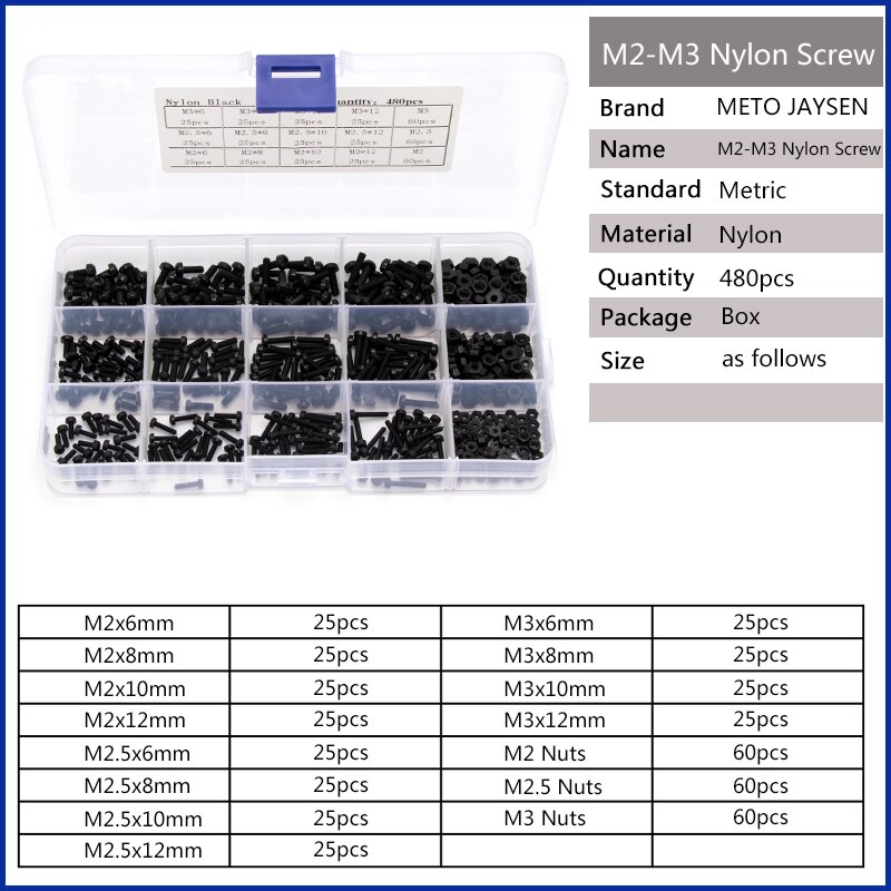 480pcs M2 M2.5 M3 Nylon Round Head Phillips Screw Bolts Hex Nuts Set Black White Plastic Screws Assortment Kit