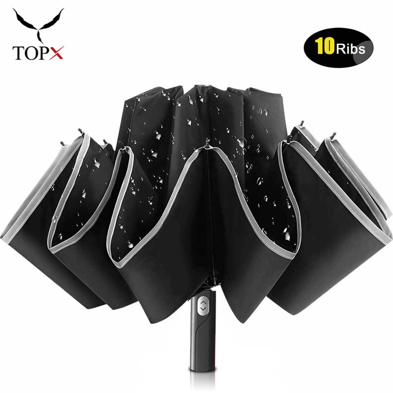 Windproof Automatic Inverted Umbrella 10 Ribs 3Fold Portable Large Reverse Umbrella with Reflective Stripe Umbrella Male Parasol