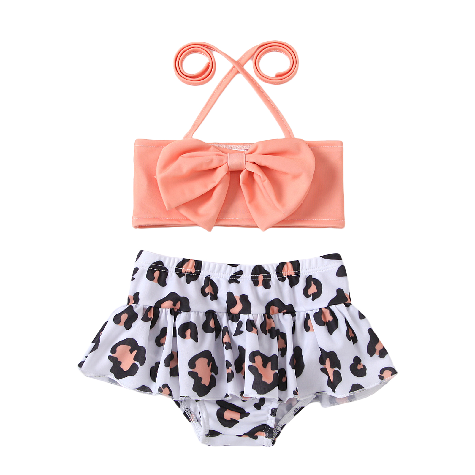 Girls Two-piece Swimming Clothes Set, Halter Neck Sleeveless Tops and Printed Pattern Shorts, Rosy/ Red/ Orange/ Yellow 6M-4T: Orange / 4T