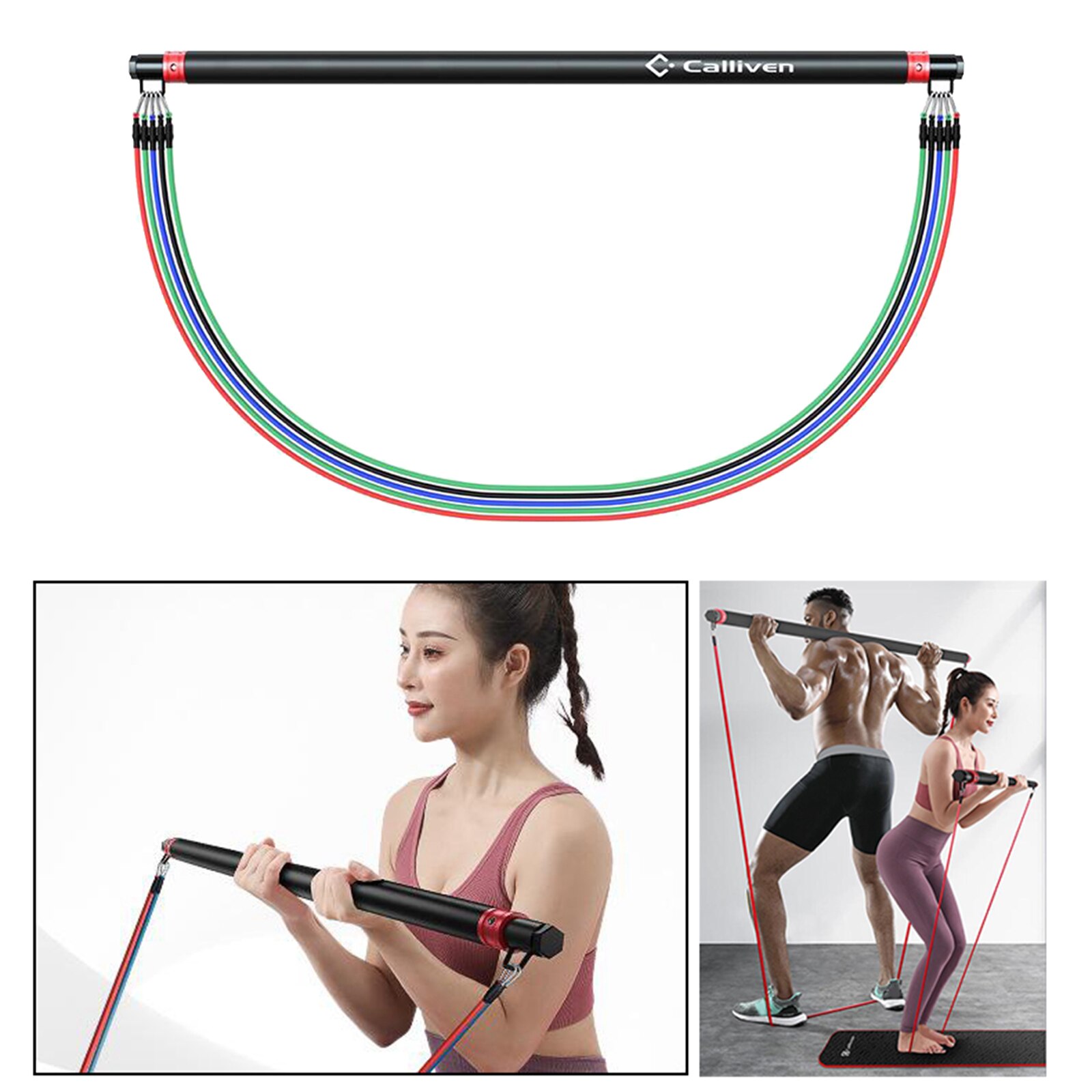 Pilates Bar Adjustable Resistance Bands W/ Foam Handle Door Anchor