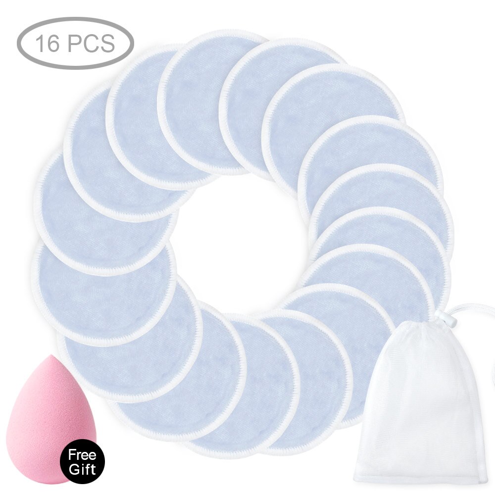 Wasbare wattenschijfjes, herbruikbare make-upremover, wasbare reinigingsdoekjes van katoen voor het gezicht, zachte bamboe, drie lagen gezichts- en huidverzorging: 16 stuks blauw met zakje