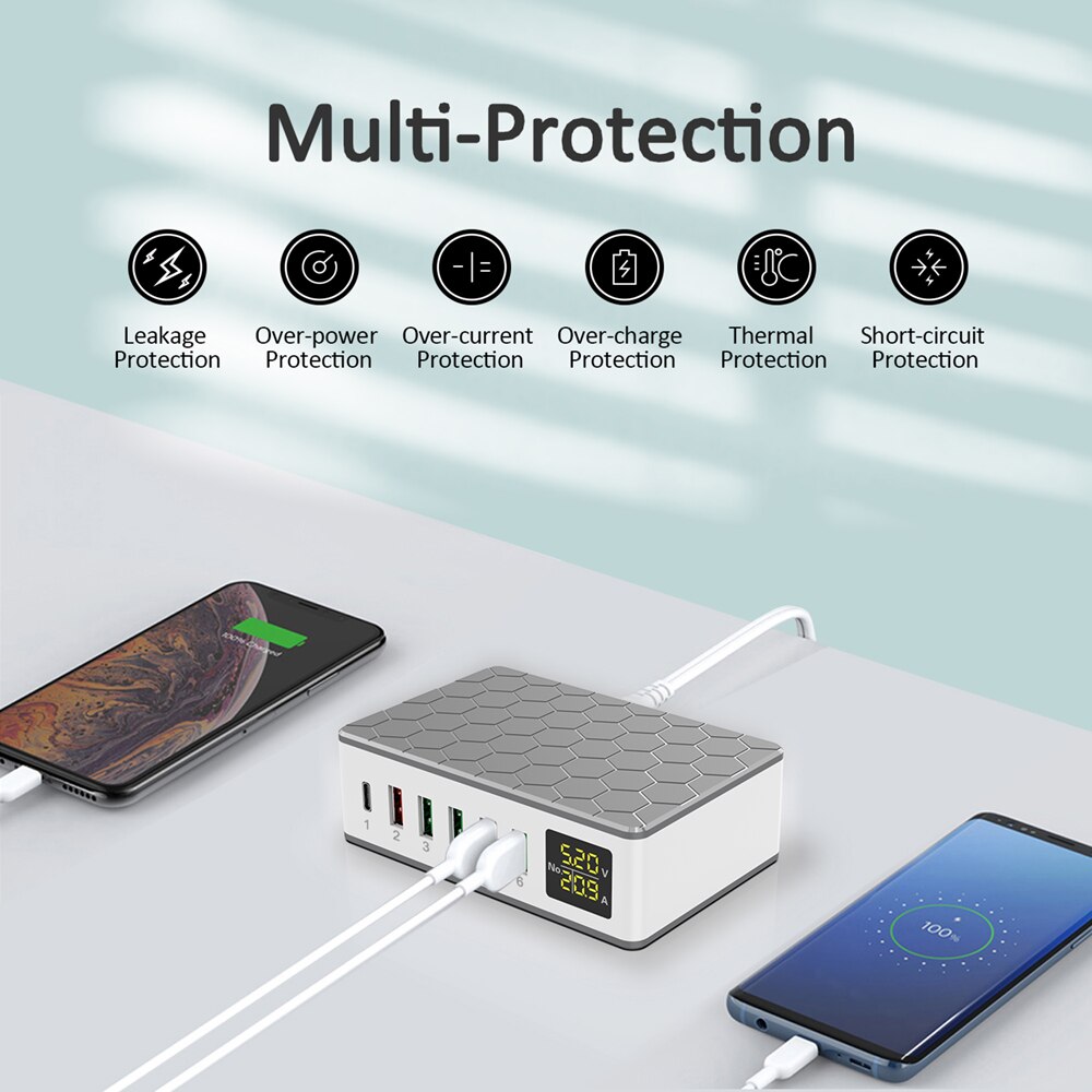 Ilepo 65w pd schnellladegerät für iphone 12, 11 pro, handys und tablets , 6 usb-anschlüsse für samsung, sony und huawei, digitale intelligente ladestation