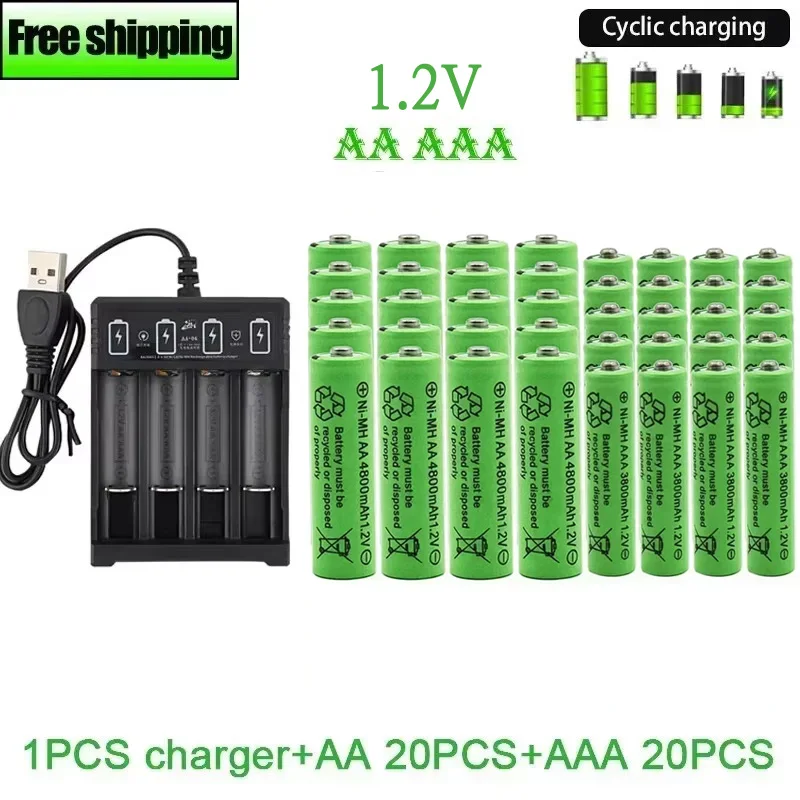 Batería recargable Original de 1,2 V AA4800mAh + AAA3800mAh + cargador para ordenador, reloj, Radio, videojuego, cámara Digital, batería AA AAA: RED
