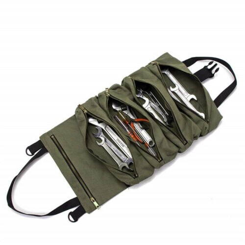 Multi-Purpose Tool Roll Up Canvas Storage Bag Wrench Roll Pouch Hanging Tool Zipper Carrier Tote Organizer: Green