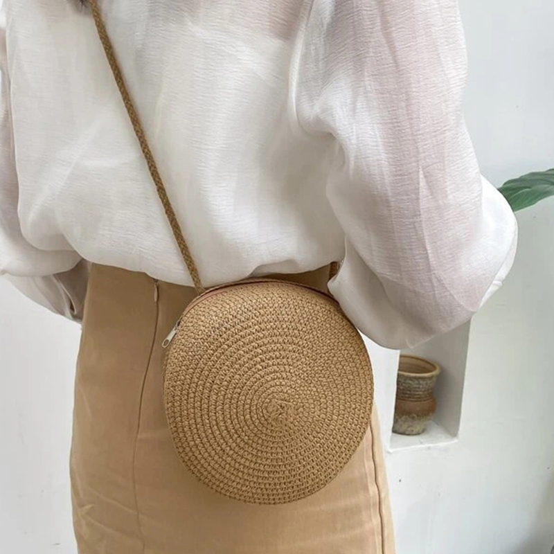 minimalistisch ische Stroh tasche Runde Crossbody-Geldbörse Frauen Schulter Berufung Stil Handtasche