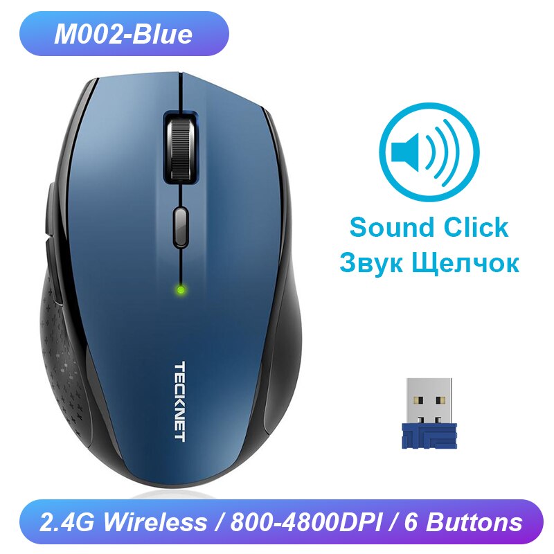 TeckNet Computer Wireless Gaming Mouse 6 Buttons 2400 DPI Mause 2.4G Receiver USB Optical Ergonomic Mouse Gamer Wireless For Lap: M002 Blue