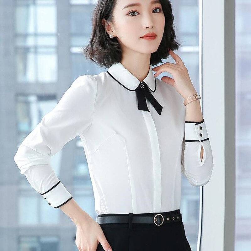 Naviu Spring Women Blouse Clothes Formal Business Slim Long Sleeve Chiffon Bow Tie Shirt Office Lady Plus Size Tops: White / S