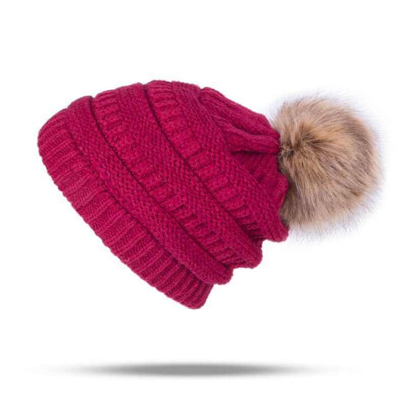 Pompons bal muts dames mutsen gebreide winter muts katoenen winter mutsen dames warme muts mutsen skullies gorras: Donkerrood