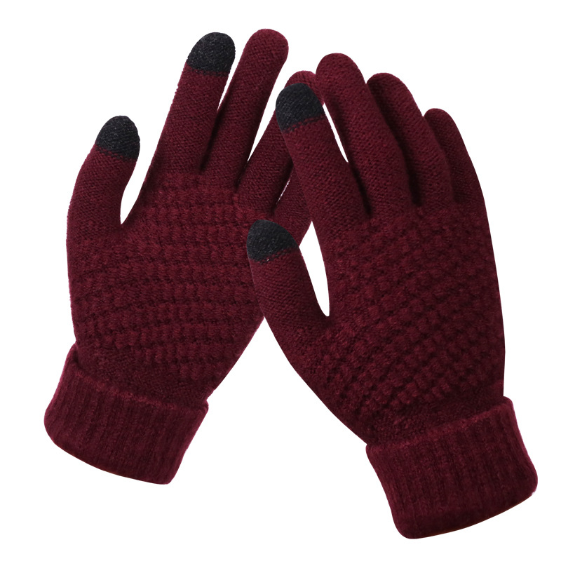 Kvinders cashmere uldstrikkede handsker vinter varm tyk berøringsskærm handsker solide vanter til mobiltelefon tablet pad: Rødvin