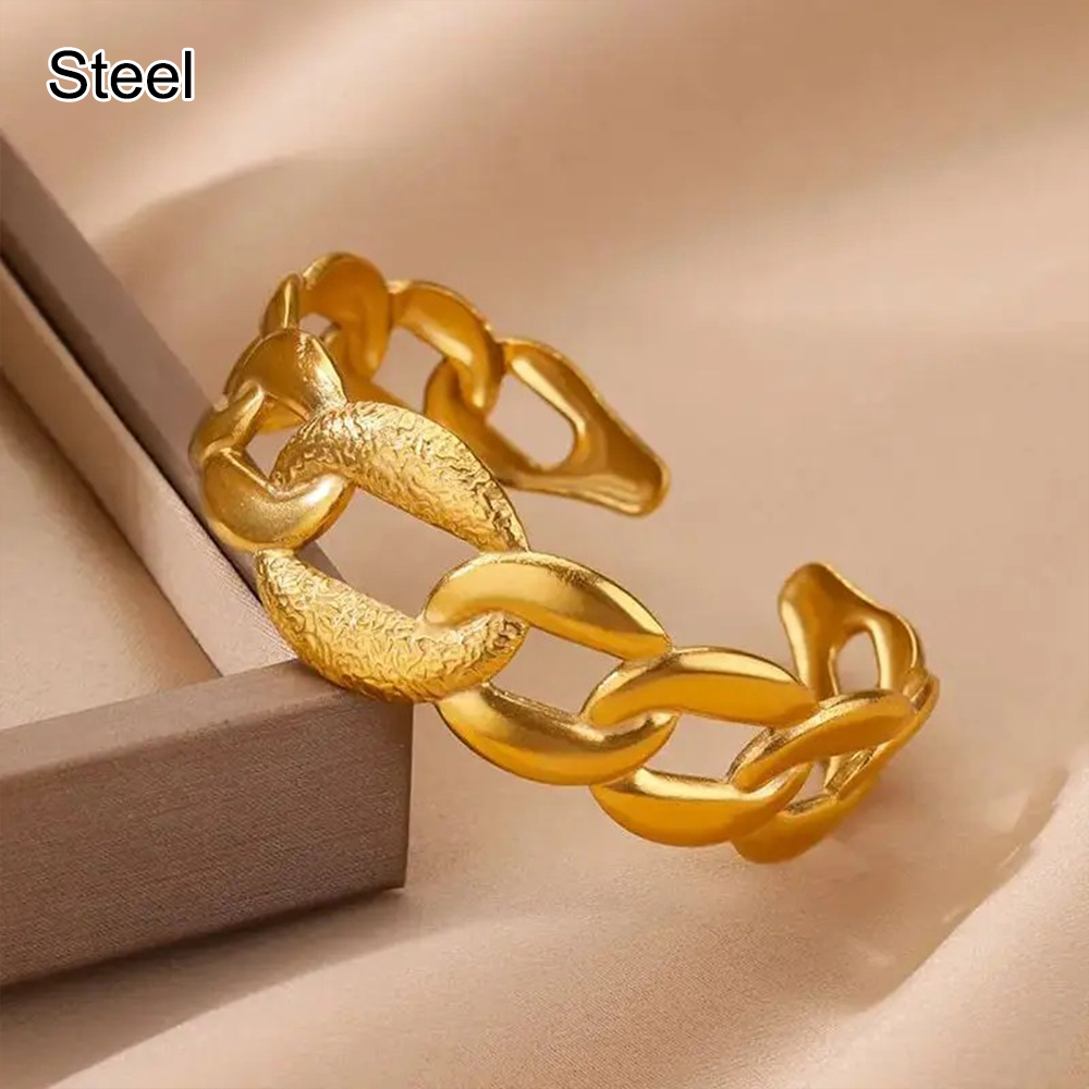 Stainless Steel Wide Bangles for Women Luxury Gold Color Open Chunky Cuff Bangle Bracelet femme Vintage Wedding Jewelry: Imitation Rhodium Plated