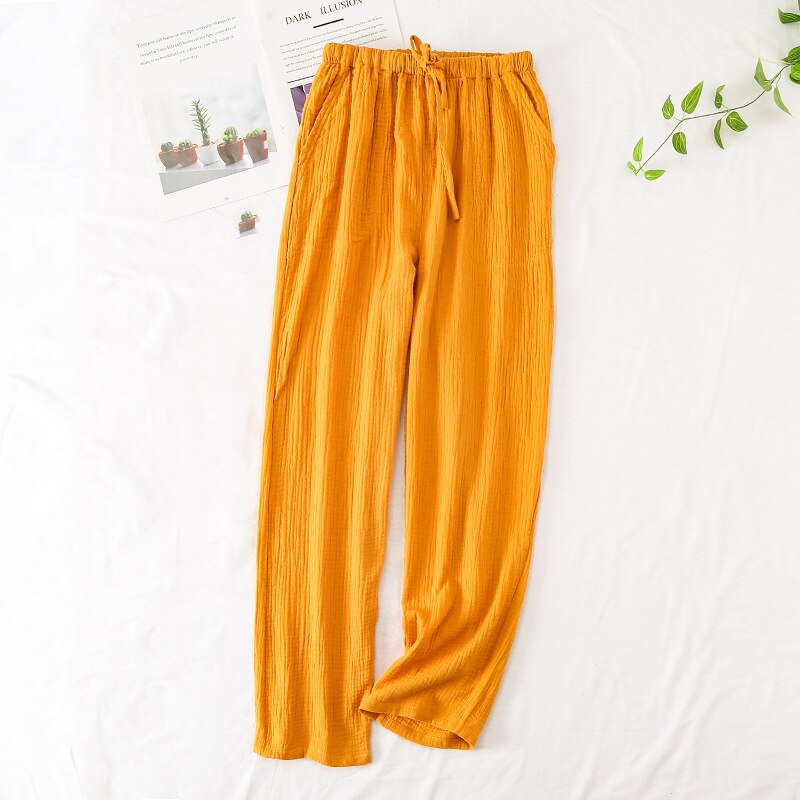 Japanese 100% Crepe Cotton Loose Casual Trousers Solid Color Pants Women's Spring And Summer Double Gauze Home Pants: yellow / M