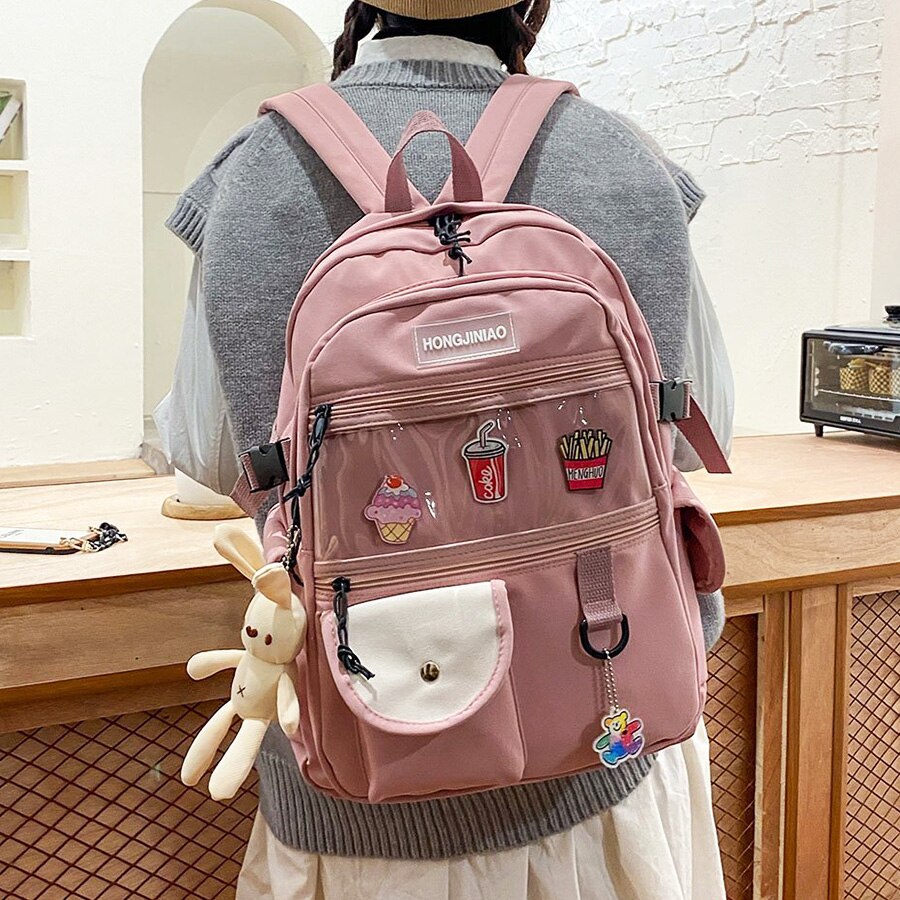 Mochila Coreana de gran capacidad para mujer, bolso escolar de bolsillo transparente para adolescentes, bolso de viaje de estilo Preppy a la