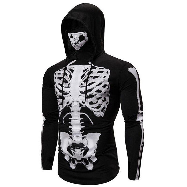 Suéter deportivo elástico para hombre, traje Ninja con capucha, Cosplay de Halloween, manga larga, esqueleto completo, máscara facial de Calavera, sudadera fina con capucha