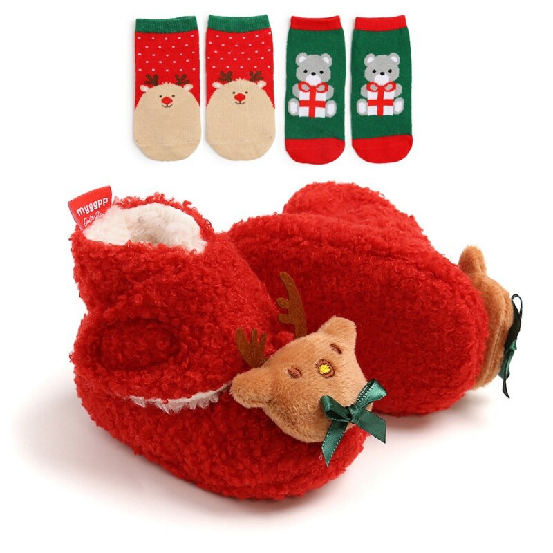 Bebê primeiro andar sapatos menina menino macio anti-deslizamento sapatos natal cervos papai noel bonito sapatos de bebê + 2 headbands/2 meias terno