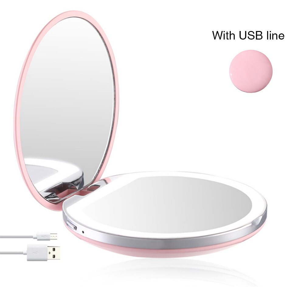 3x forstørrende foldbart led lys mini makeup spejl kompakt lomme ansigtslæbe kosmetisk spejl rejse bærbart lys makeup spejl: Lyserød