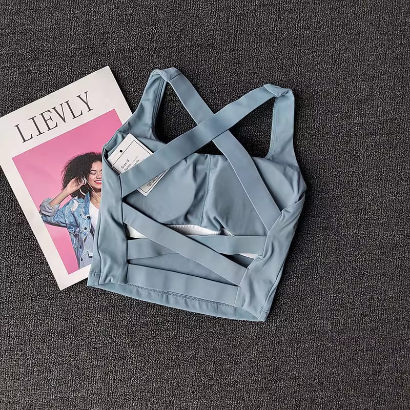 Sujetador deportivo con tiras cruzadas para mujer, Sujetador deportivo sin costuras de alto impacto, Top Sexy para Yoga y Fitness, ropa interior deportiva, sujetador de realce, Top deportivo para mujer: M / Azul