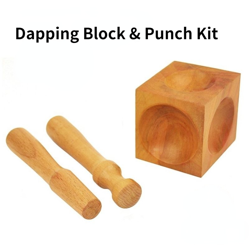 Wooden Square Dapping Block &amp; Punch Kit Doming Shaping Stamping Blanks Soft Metals Gold Silver Copper Aluminum Sheet Concave DIY