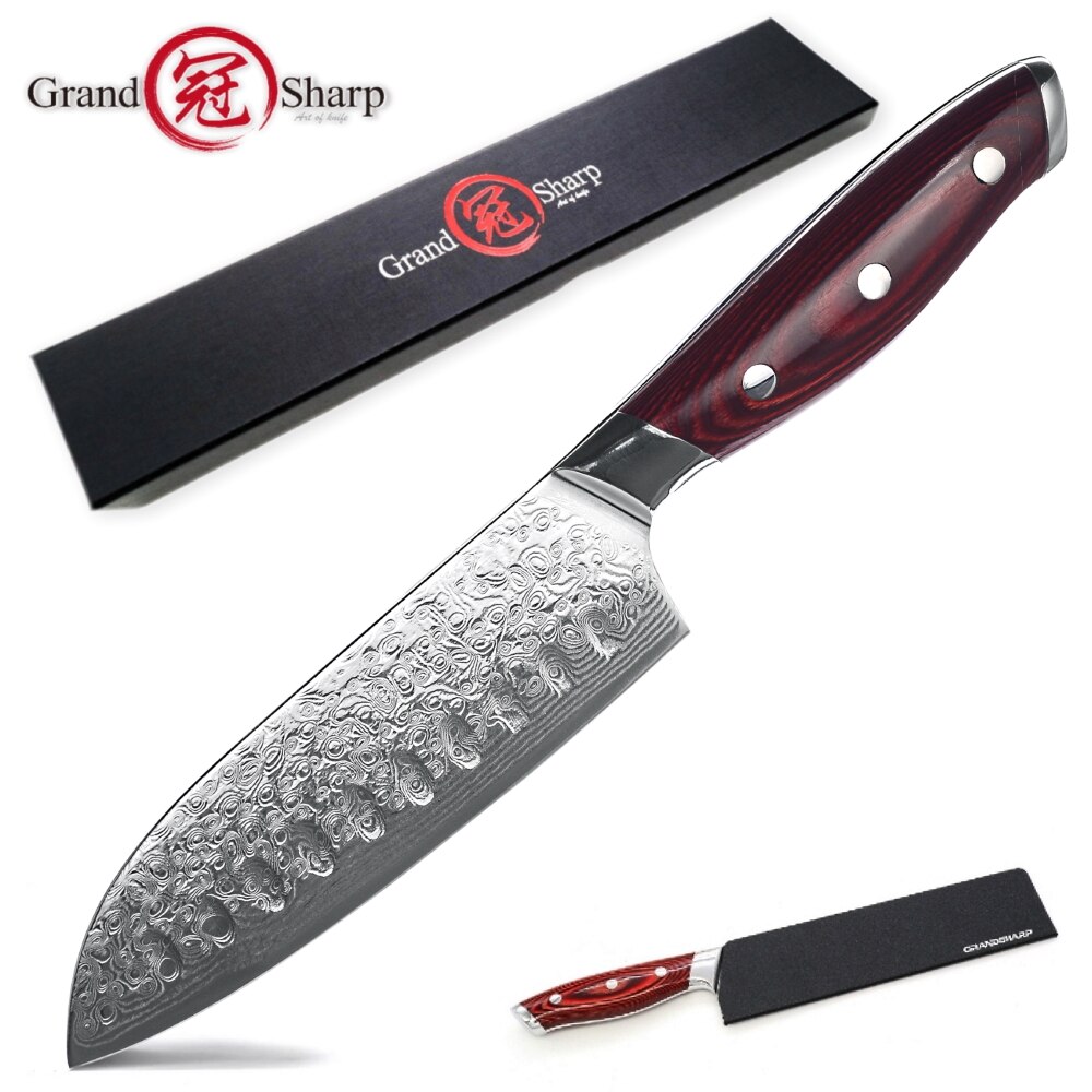 3 Stuk Koksmes Set Japanse Keukenmessen Santoku Utility Koken Butcher Gereedschap 67 Lagen Damascus Staal Rood Hout handvat: Santoku small