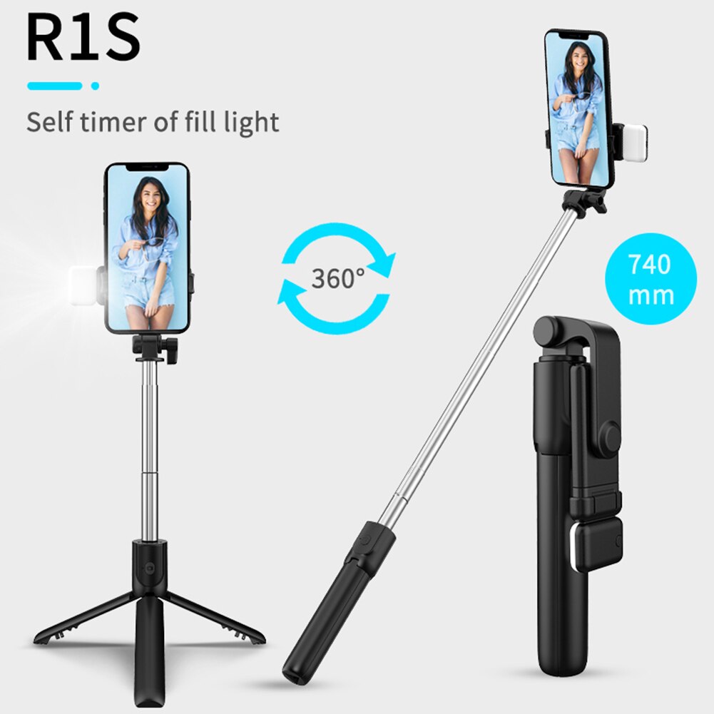 Palo Selfie extensible R1 para teléfono móvil, trípode obturador, monopié remoto con luz de relleno, soporte plegable ajustable para Smartphone