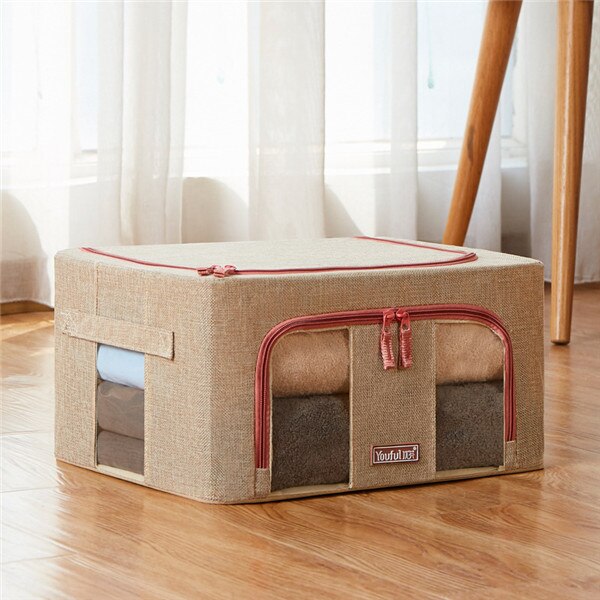 Bomuldslinned opbevaringsboks med kasket tøj sokker legetøj snacks diverse organiseringssæt stof kasser kosmetik husholdning: 60 x 42 x 40 cm / Beige