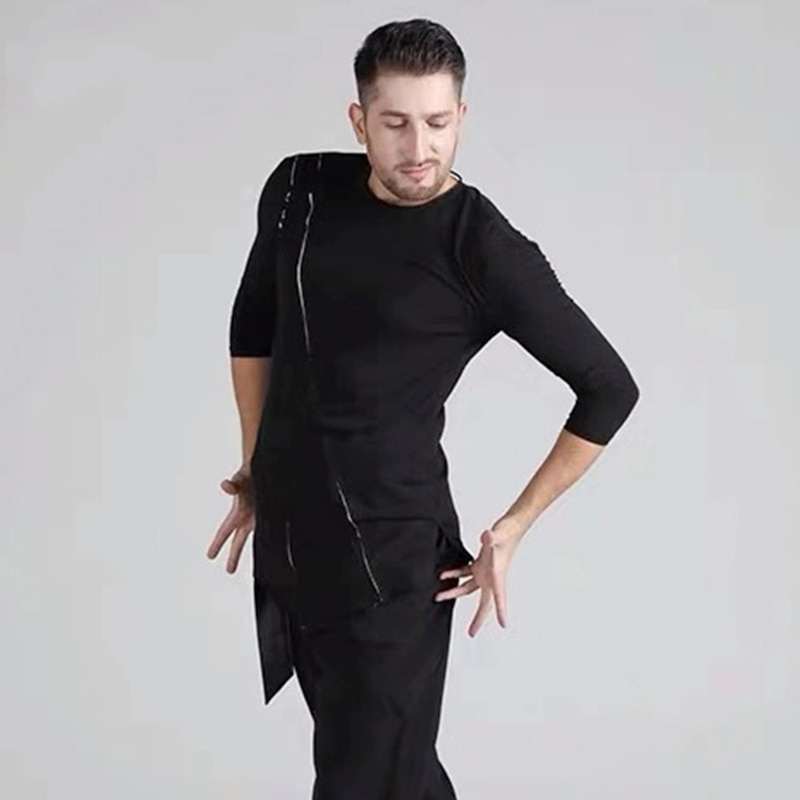 Zwarte Latin Dance Kleding Mannen Praktijk Kleding T-shirt Voor Mannelijke Charleston Kostuum Salsa Ballroom Competition Dans Tops BI422