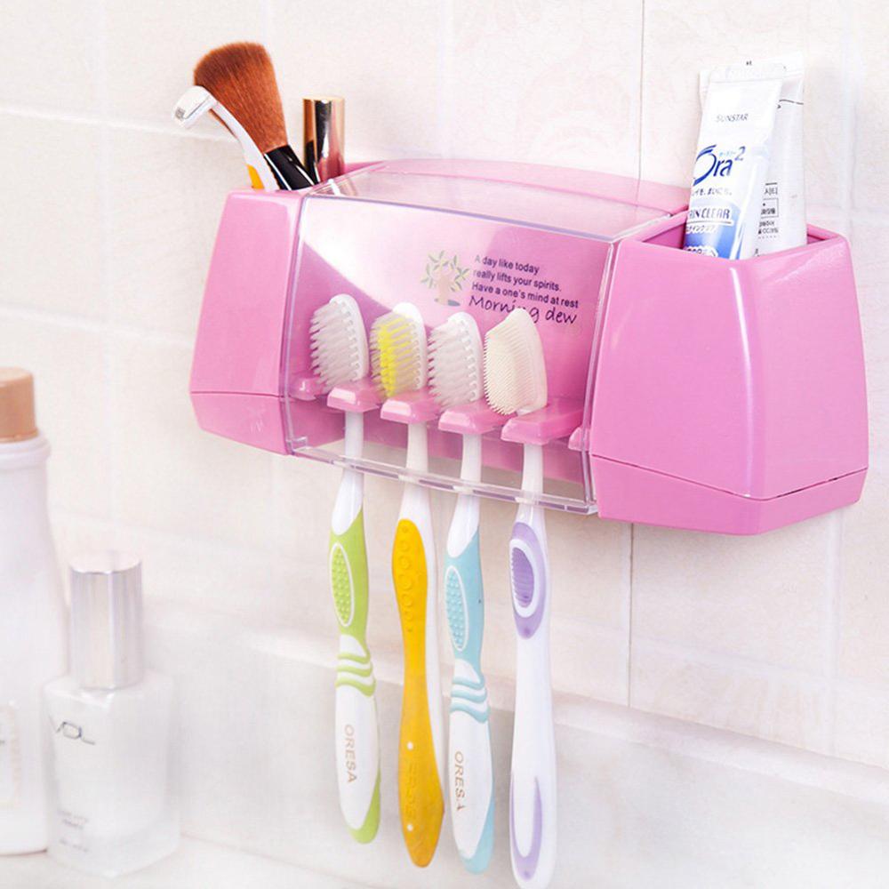 1 sæt vægbeslag tandbørste opbevaringsstativ automatisk tandpasta dispenser tandbørsteholder arrangør badeværelse tilbehørssæt: Lyserød