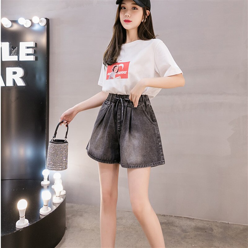 POUNGDUDU Summer Women's Denim Shorts For Girl Plus Size Shorts Jean Female 100KG Wearable Gray High-Waist Elastic Loose