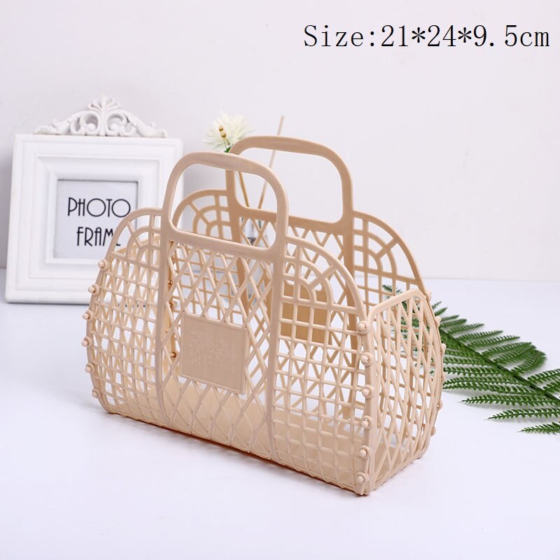 Plastic Bath Baskets Foldable Hollow Wicker Rattan Cosmetic Storage Bucket Bathroom Livingroom Hanging Finishing Drain Organizer: 1-Beige