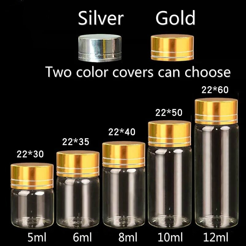 Bouteilles en verre avec bouchon en aluminium or/argent, 5/6/7/8/10/12/15/20/25ml, 20 pièces
