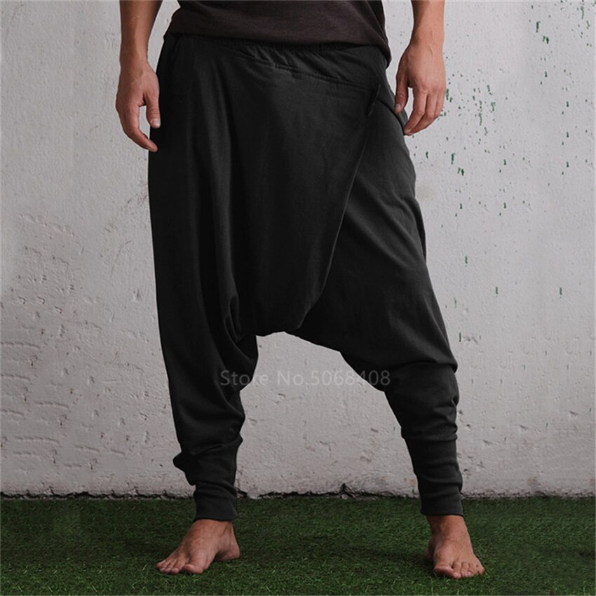 Mann retro middelalder pirat viking haremsbukser tilfeldig løs halloween scene - bukser med vidde ben i skritt solid hip hop streetwear: Svart / 3xl