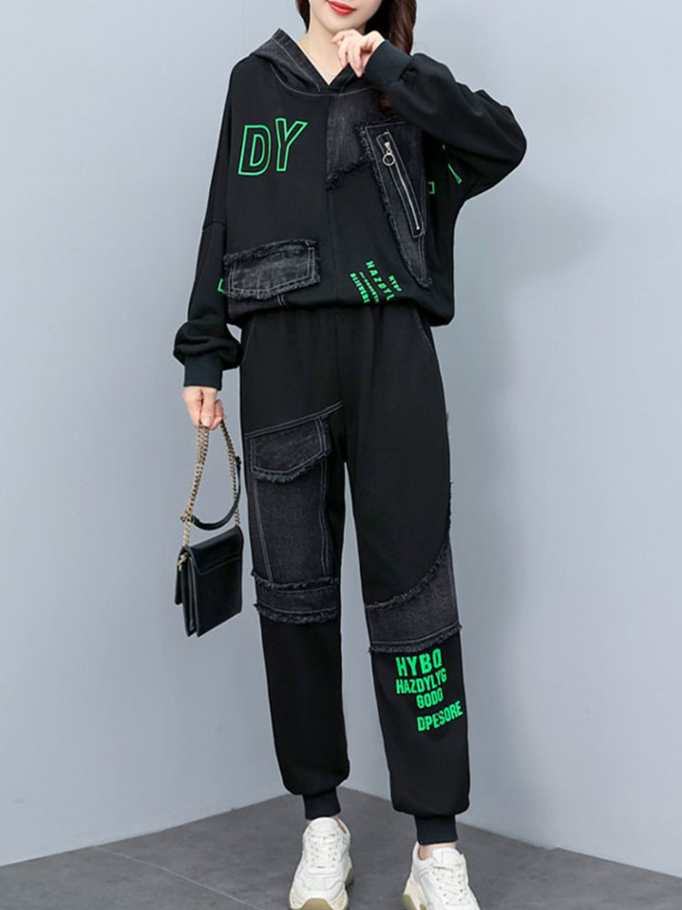 Bedruckte Patchwork Denim oben Freizeit Schlauch einstellen für Damen Frühling Herbst 2023 neuen Stil zweiteilige setzt 4xl