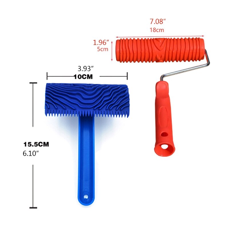 Blue Wood Grain Tool with Rubber Handle Graining Empaistic Stamp Pattern for Wall Painting DIY Decoration Paint Roller