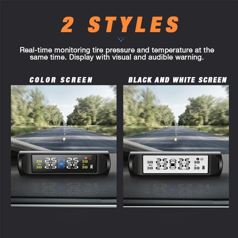 Smart Car Tyre Pressure Monitoring System Solar Power Digital LCD Display Auto Security Alarm Systems Tyre Pressure: Black  white screen