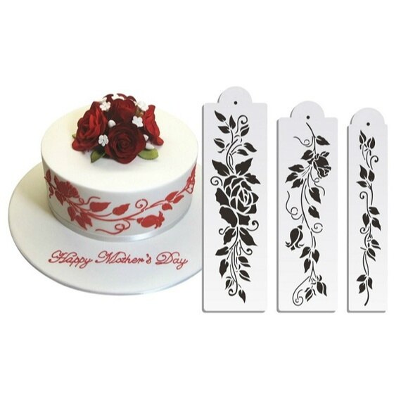 Rose Cake Stencil Set, Flowers Cake Stenciling Fondant Decorating Stencil Classic Cake Side Decoration Stencils for Wall