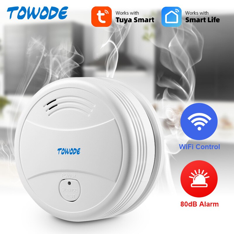 TOWODE Wireless Tuya Smart WIFI Smoke Fire Detector 80db Fire Protection Firefighter Sensors Store House Security Alarm System