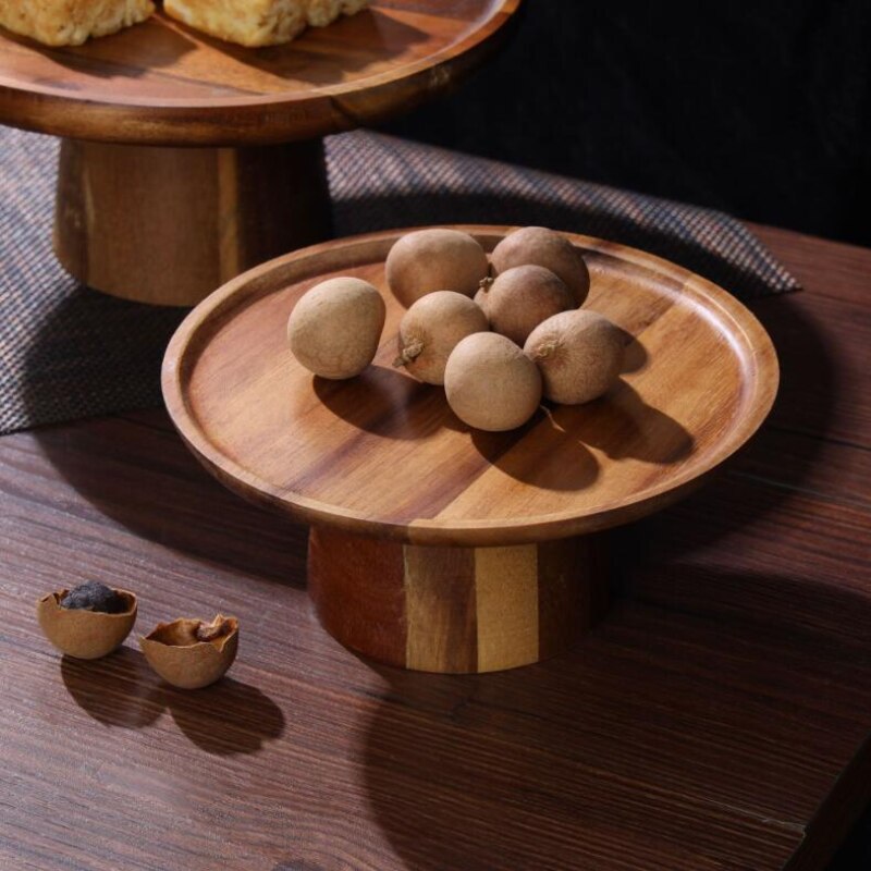 Akacia trä fruktfat vardagsrum hushåll hög fot tallrik tårta massivt trä dessert display bord dekoration köksartiklar