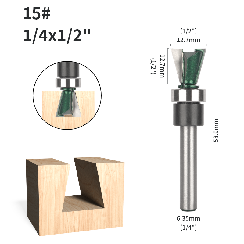 Brocas enrutadora de rodamiento inferior de broca de cola de milano de 6MM, 6,35 MM y 8MM para fresa de carburo para carpintería, fresa frontal de broca de madera: 23mm