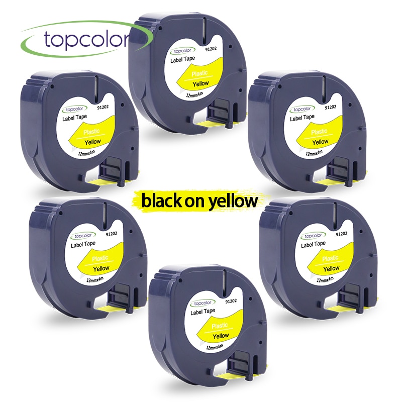 Topcolor 6pk etiquetas fitas para dymo 91202 preto no amarelo 12mm etiqueta de plástico para letratag mais LT-100T LT-110H 2000 impressora xm