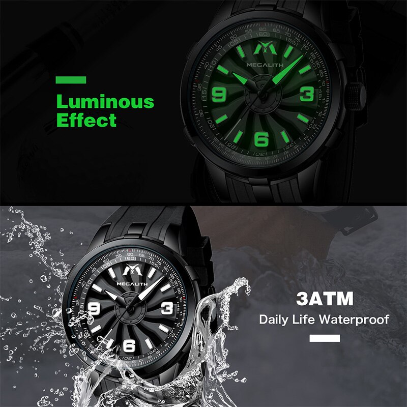 MEGALITH, relojes deportivos militares para hombres, relojes de cuarzo impermeables, relojes creativos para hombre con Dial de rotación de turbina, reloj Relogio Masculino