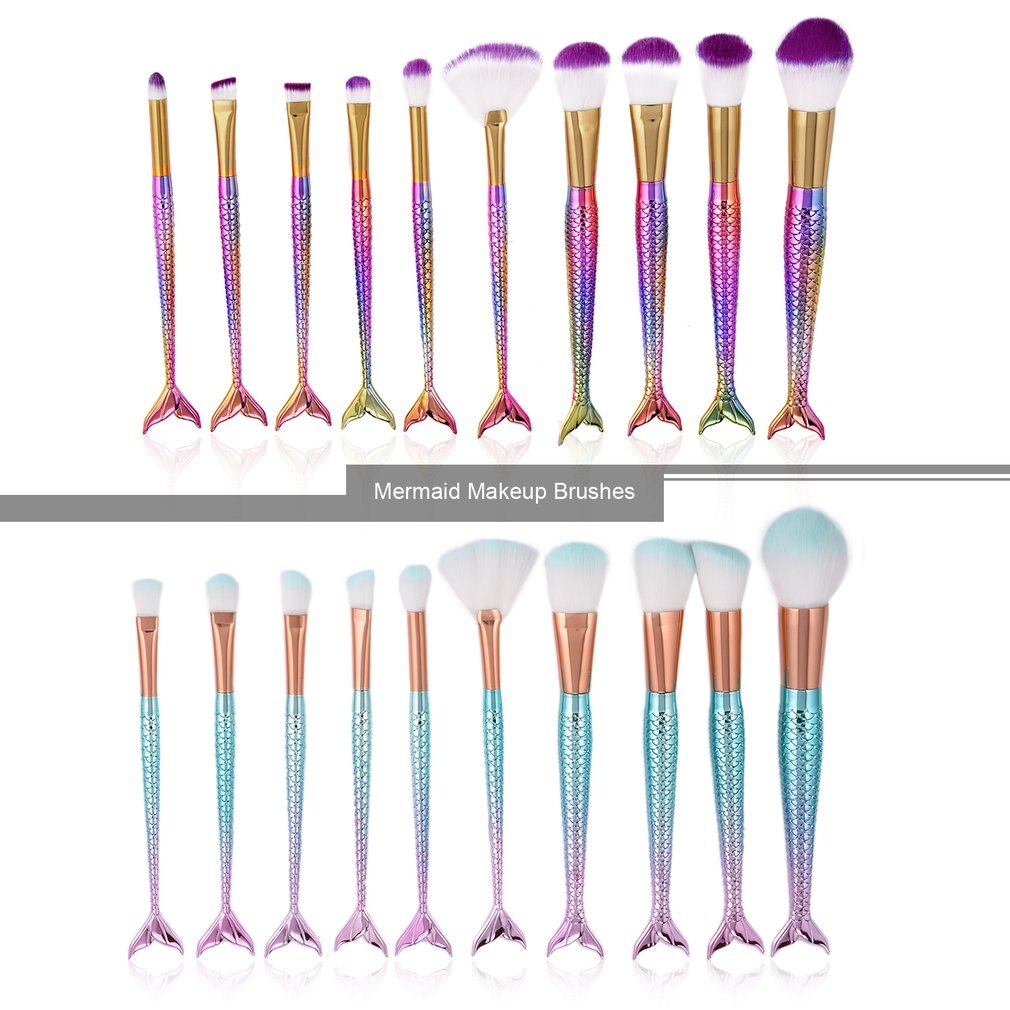 10PCS Mermaid Shaped Makeup Brush Set Fish Tail Foundation Powder Eyeshadow Make Up Brushes Beauty Tools Cosmetic Brushs Set