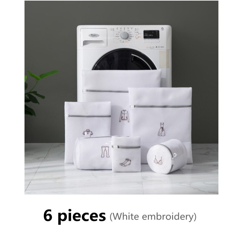 Conjunto de bolsa de lavandería bordada, bolsa para lavar ropa interior, sujetador, bolsas de lavado, cesta de lavandería de malla de poliéster, Kits de lavado plegables para el hogar, 1 Juego: White 6 pieces set