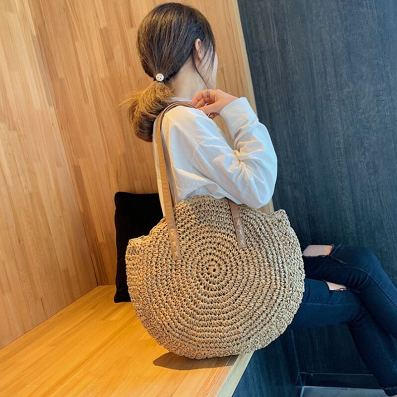 Round Straw Beach Bag Vintage Woven Shoulder Bags Rattan Bohemian Summer Vacation Casual Handbag for Women Girls