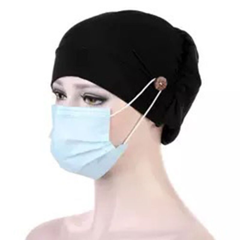 Women Turban With Button Simple Solid Color Head Wrap Mask Holder Headscarf Female Muslim Caps Ladies Casual Turbantes Headwear: Black