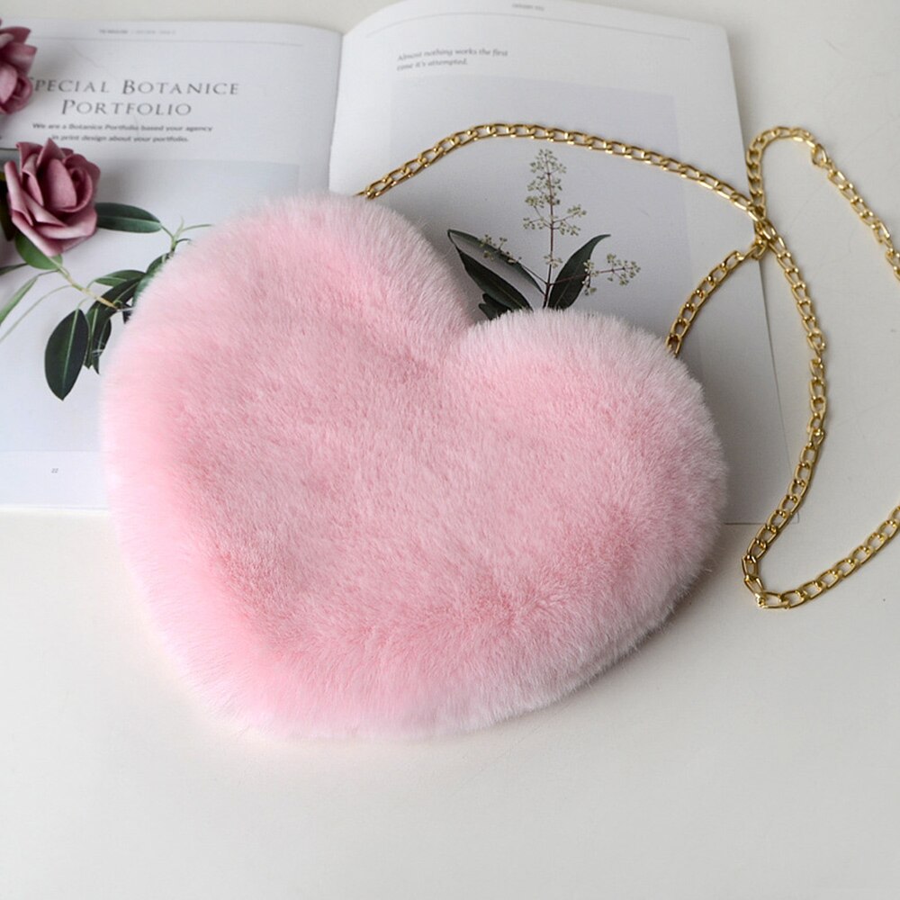 Women Heart Shaped Bag Female Chain Messenger Bag Plush Love Shoulder Crossbody Bag Winter Fur Hand Bags: E