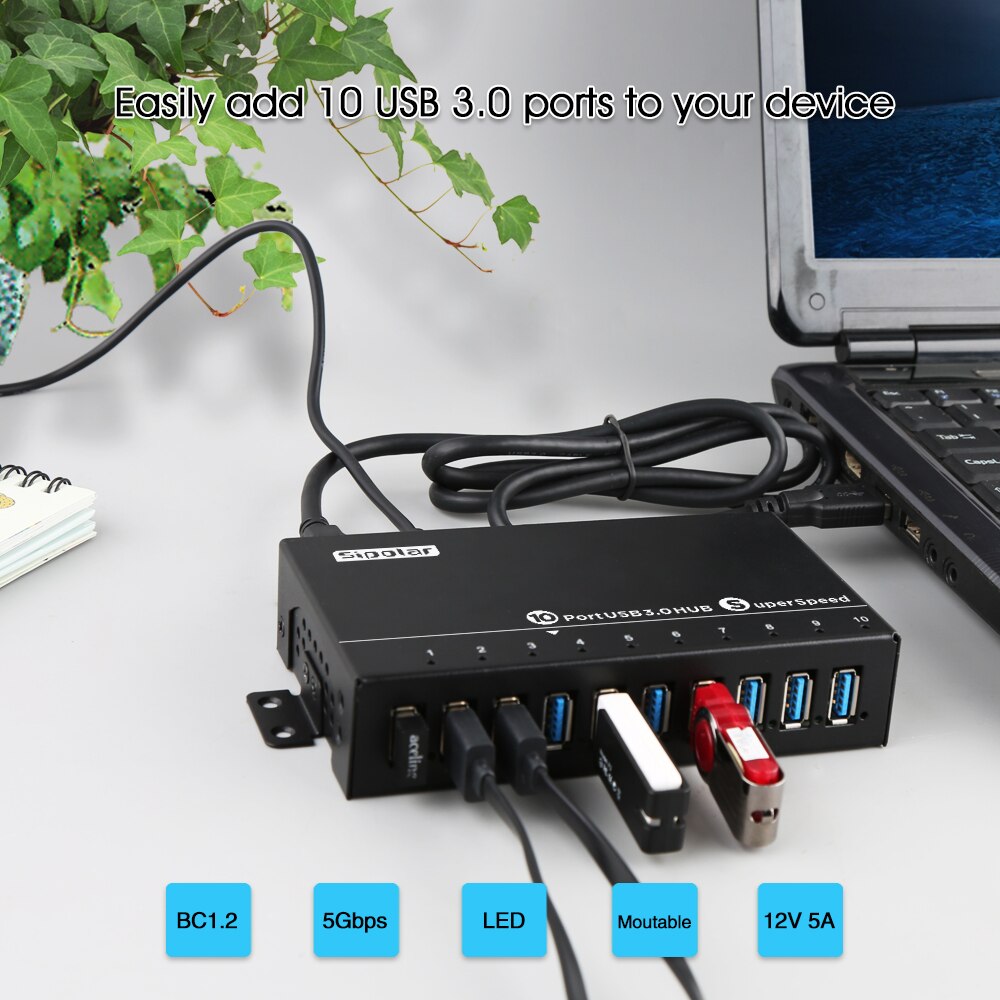 Sipolar Industrial 10 Port USB 3.0 Data And Charger Mountable Rugged USB Hub with Wall Mountable For assembly Lines Server Rack