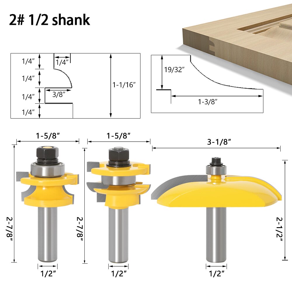 3pcs 1/2" Shank Rail & Stile Ogee Blade Cutter Panel Raised Cabinet Router Bit Set Door Tenon Woodworking Tools: NO2 12.7mm shank